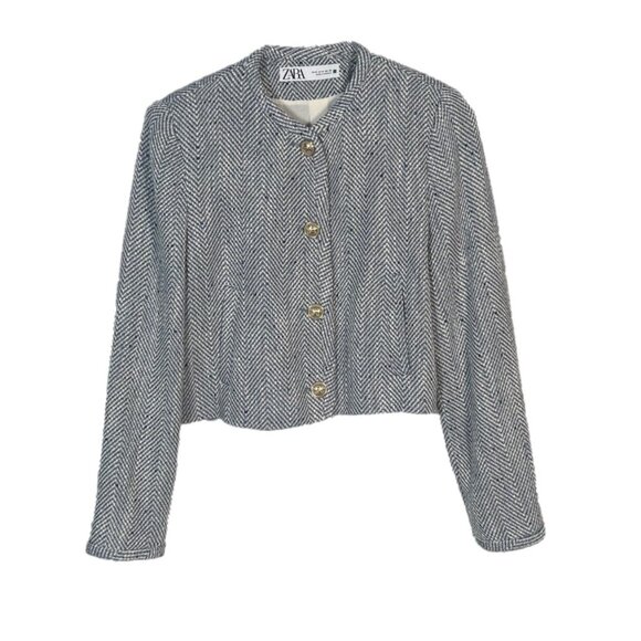 Zara Gold Button Herringbone Cropped Lady Jacket Blazer Size Medium - Picture 1 of 5